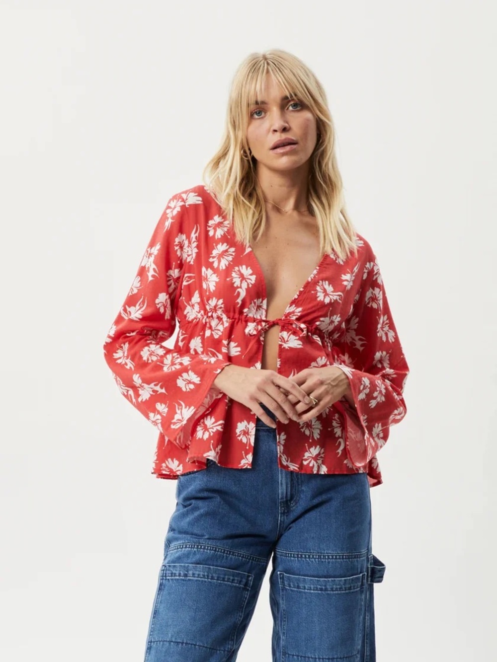 Afends Hibiscus Floral Top Light Red Floral Tie Front Blouse Shirt